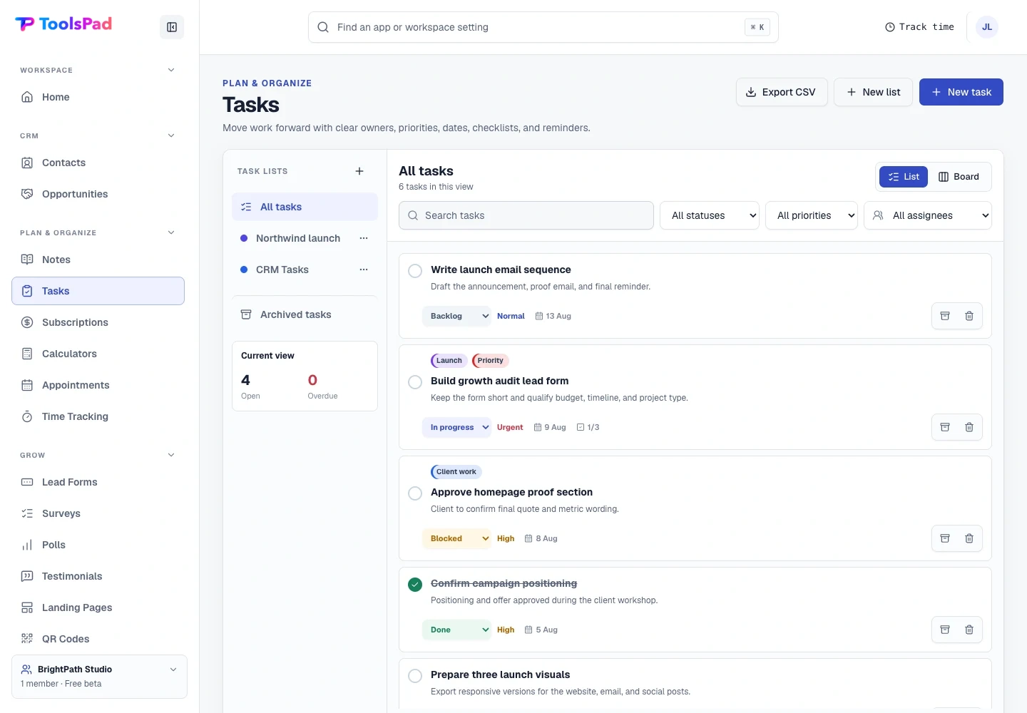 Tasks product interface showing see progress without status meetings