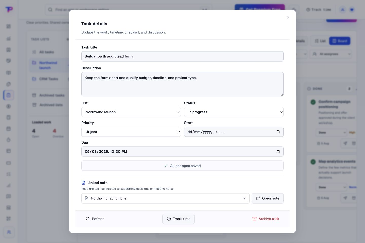Tasks product interface showing give every task the context to get done