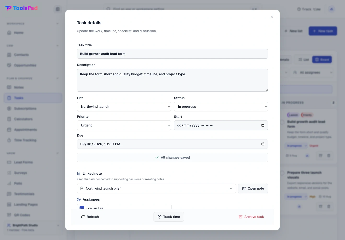 Tasks product interface showing everything needed to finish the task