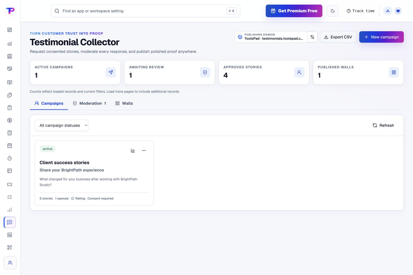Testimonial Collector product interface showing build a home for your customer stories