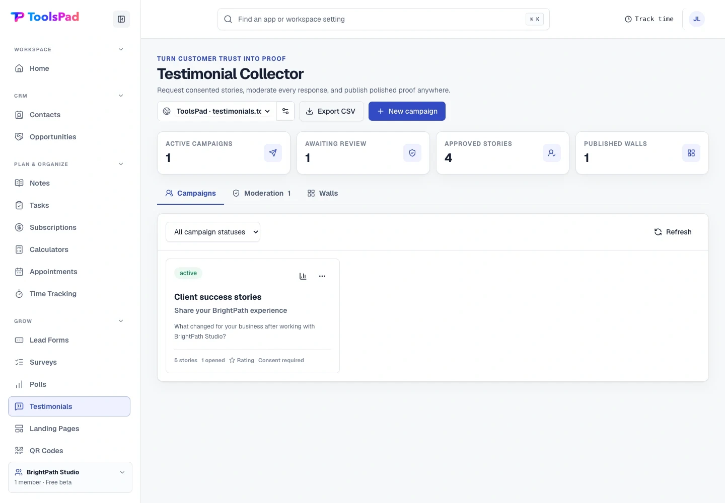 Testimonial Collector product interface showing customer proof with a complete publishing workflow