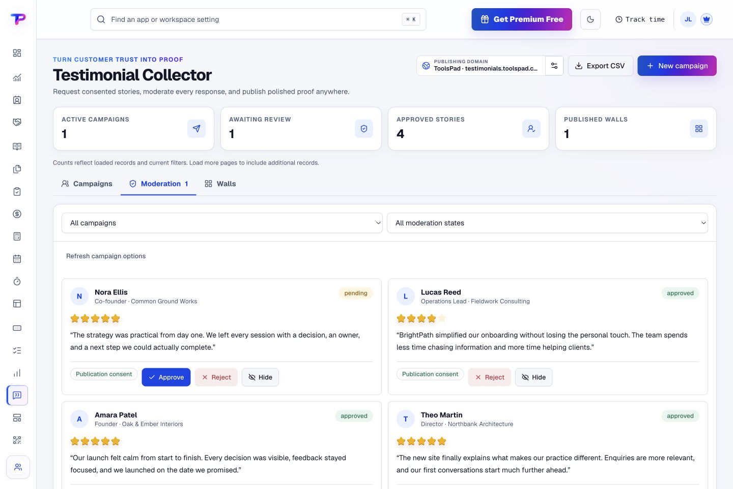 Testimonial Collector product interface showing choose which stories represent your business