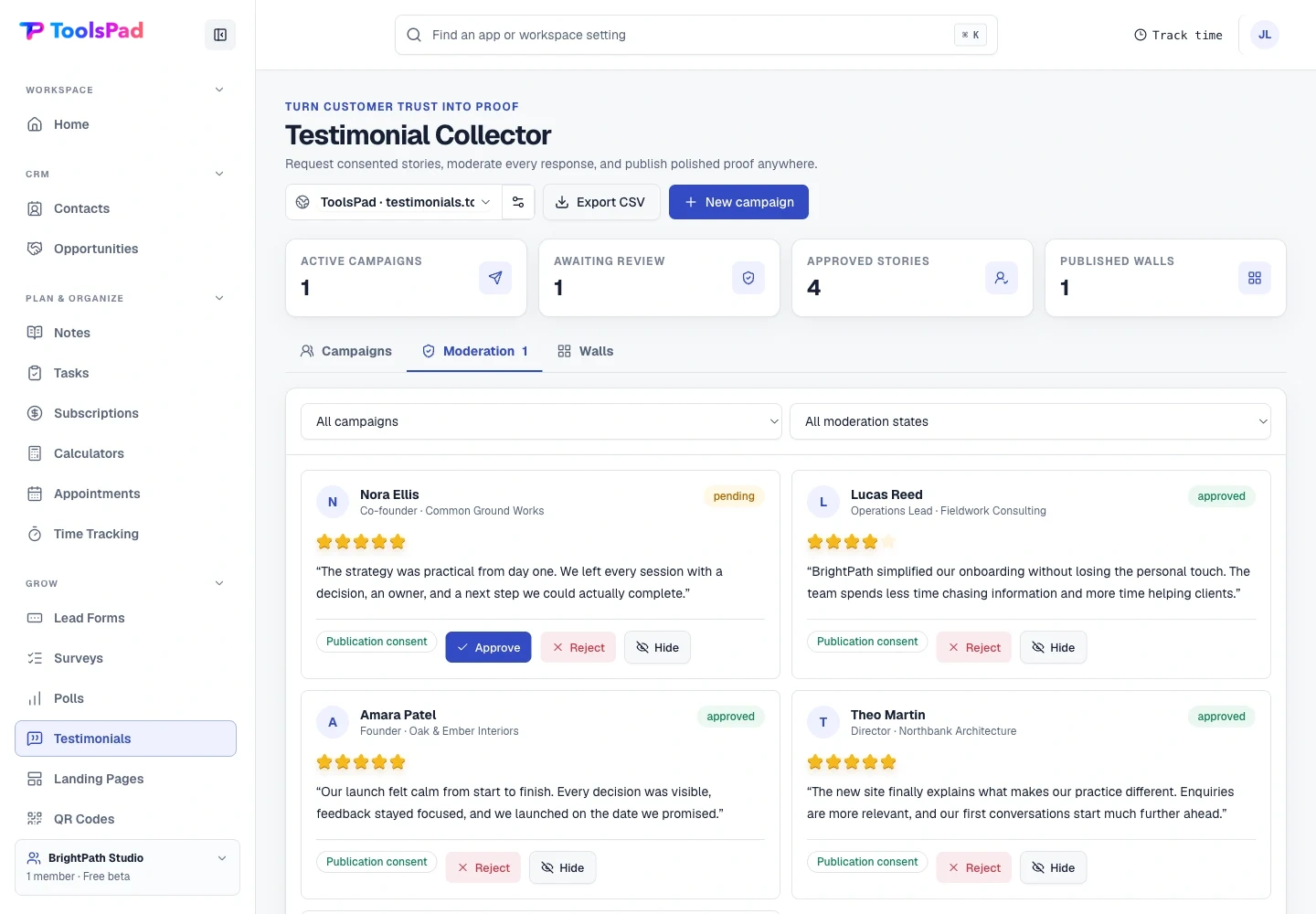 Testimonial Collector product interface showing moderate the story before it becomes proof