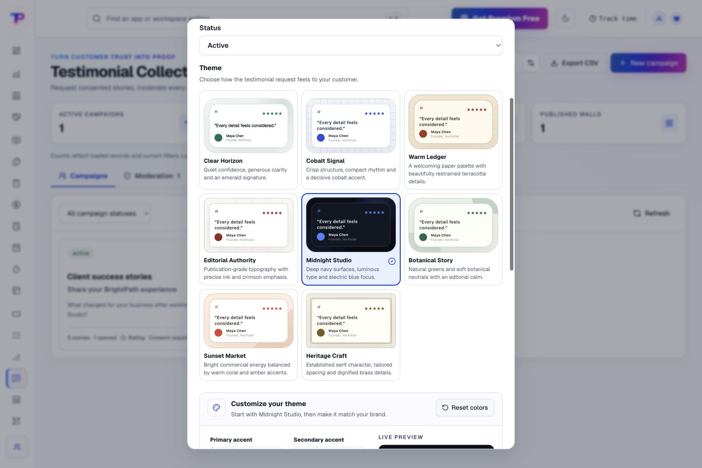 Testimonial Collector product interface showing make the request feel like your brand