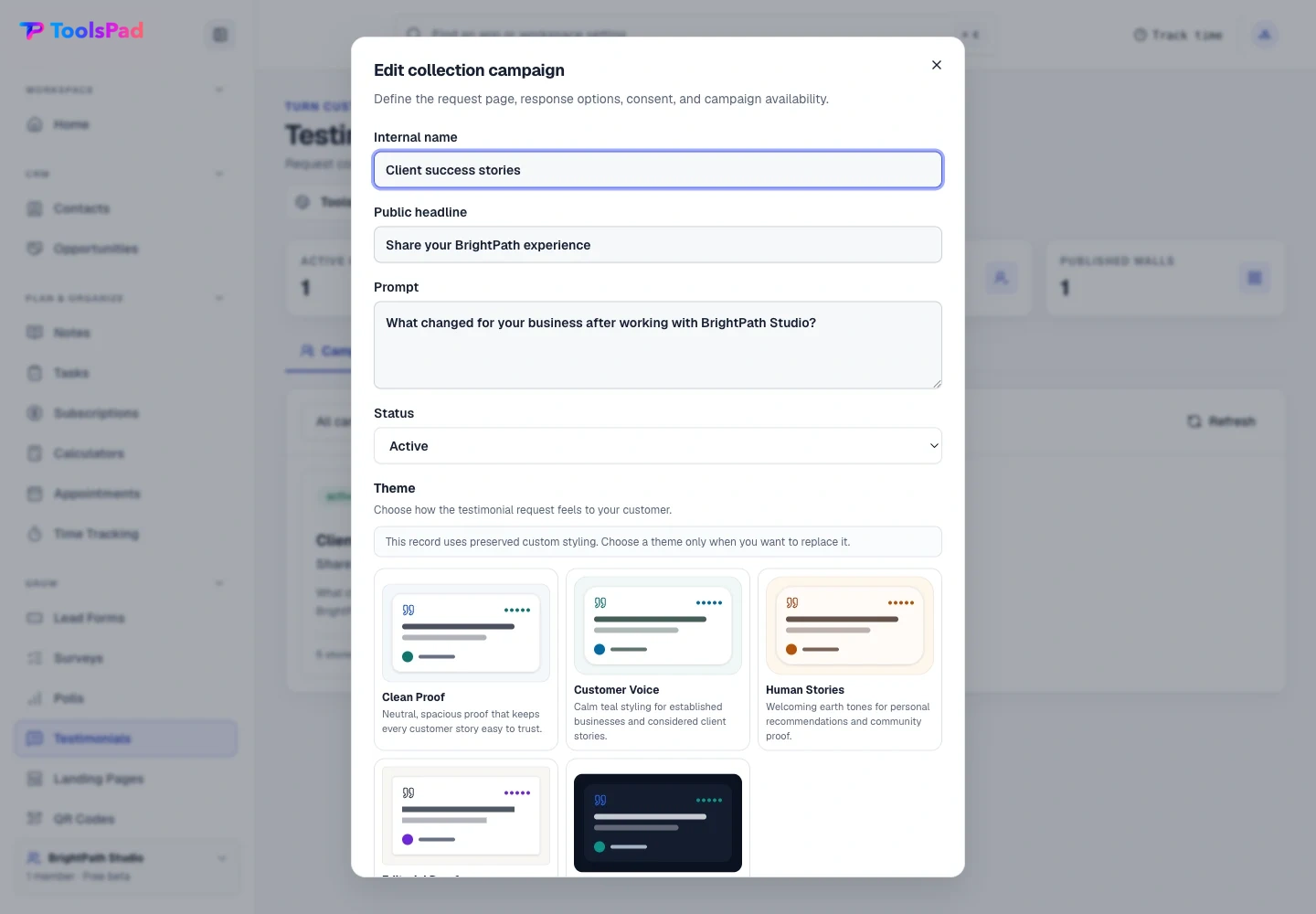 Testimonial Collector product interface showing a collection request that can match the brand