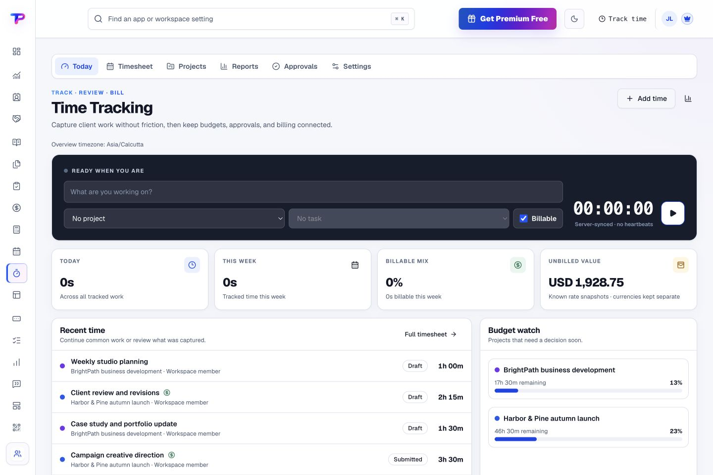 Time Tracking product interface showing see where your time and budget are going