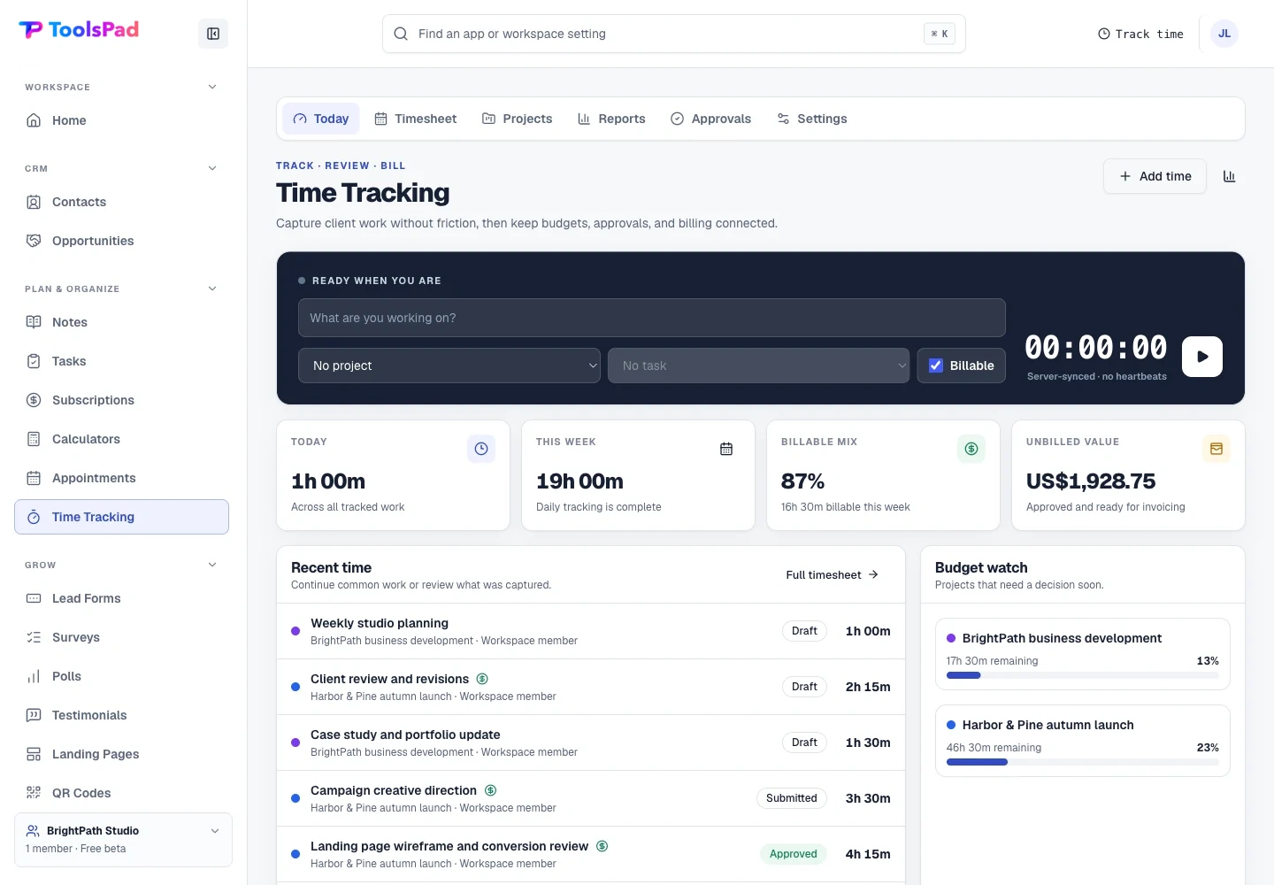 Time Tracking product interface showing today’s billable work, ready to act on