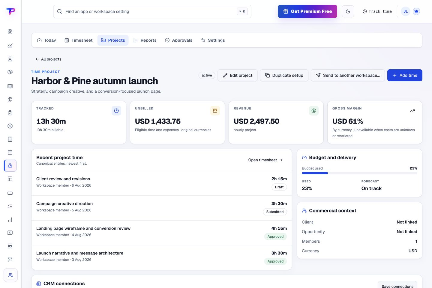 Time Tracking product interface showing bring project time back to the bigger picture