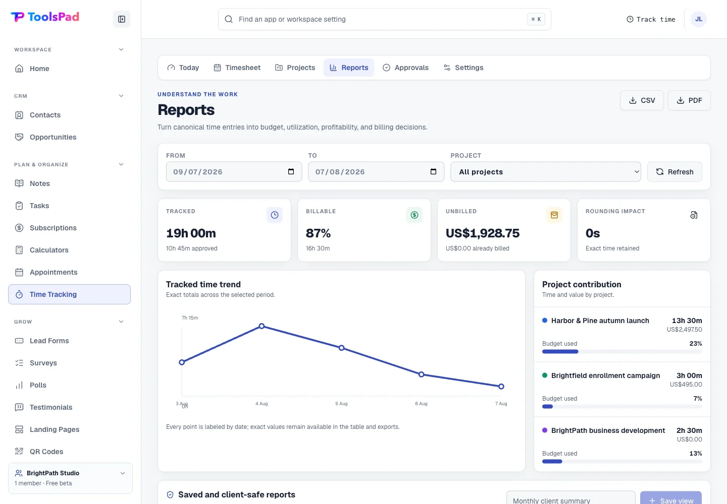 Time Tracking product interface showing turn exact time into billing decisions