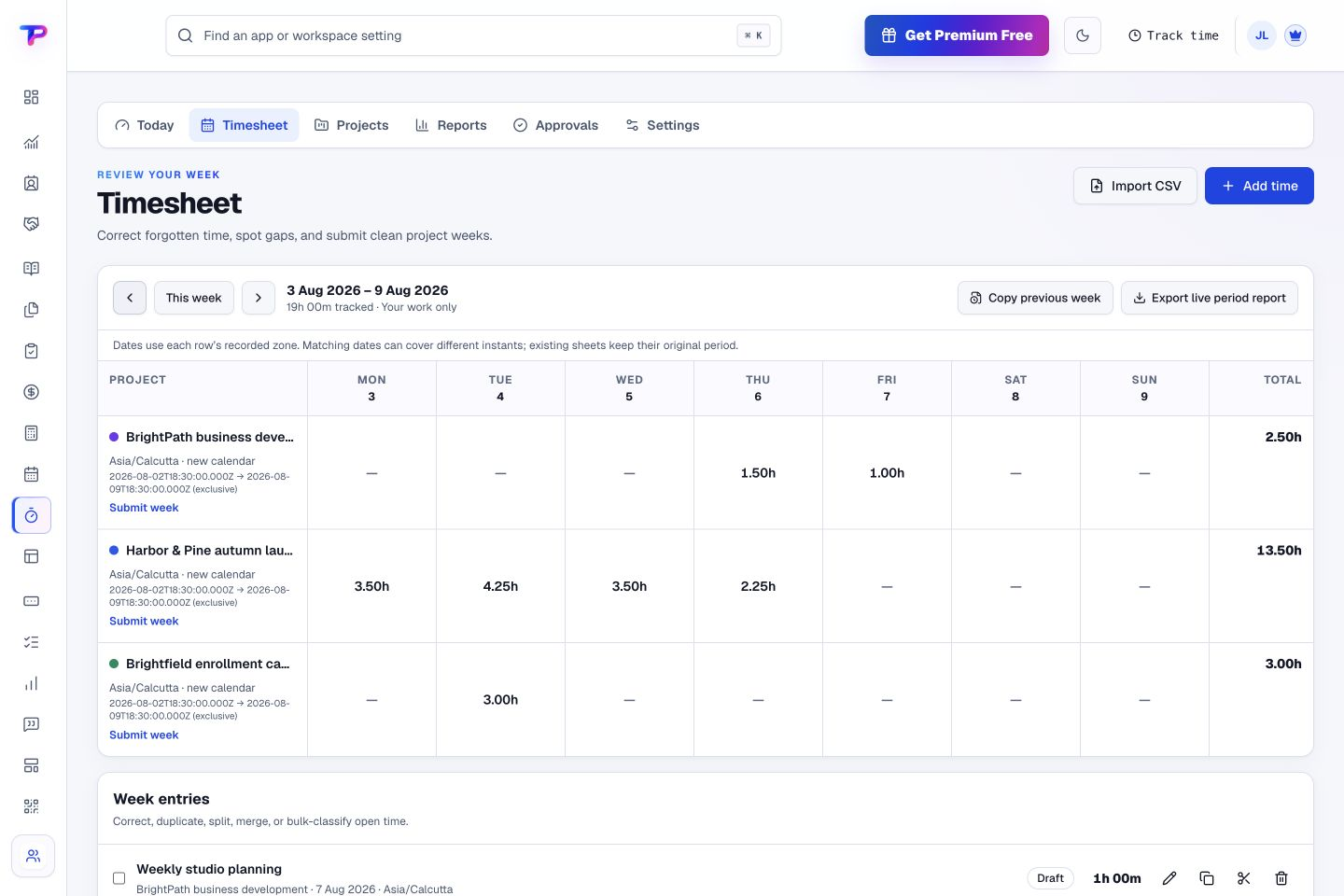 Time Tracking product interface showing make the working week easier to review