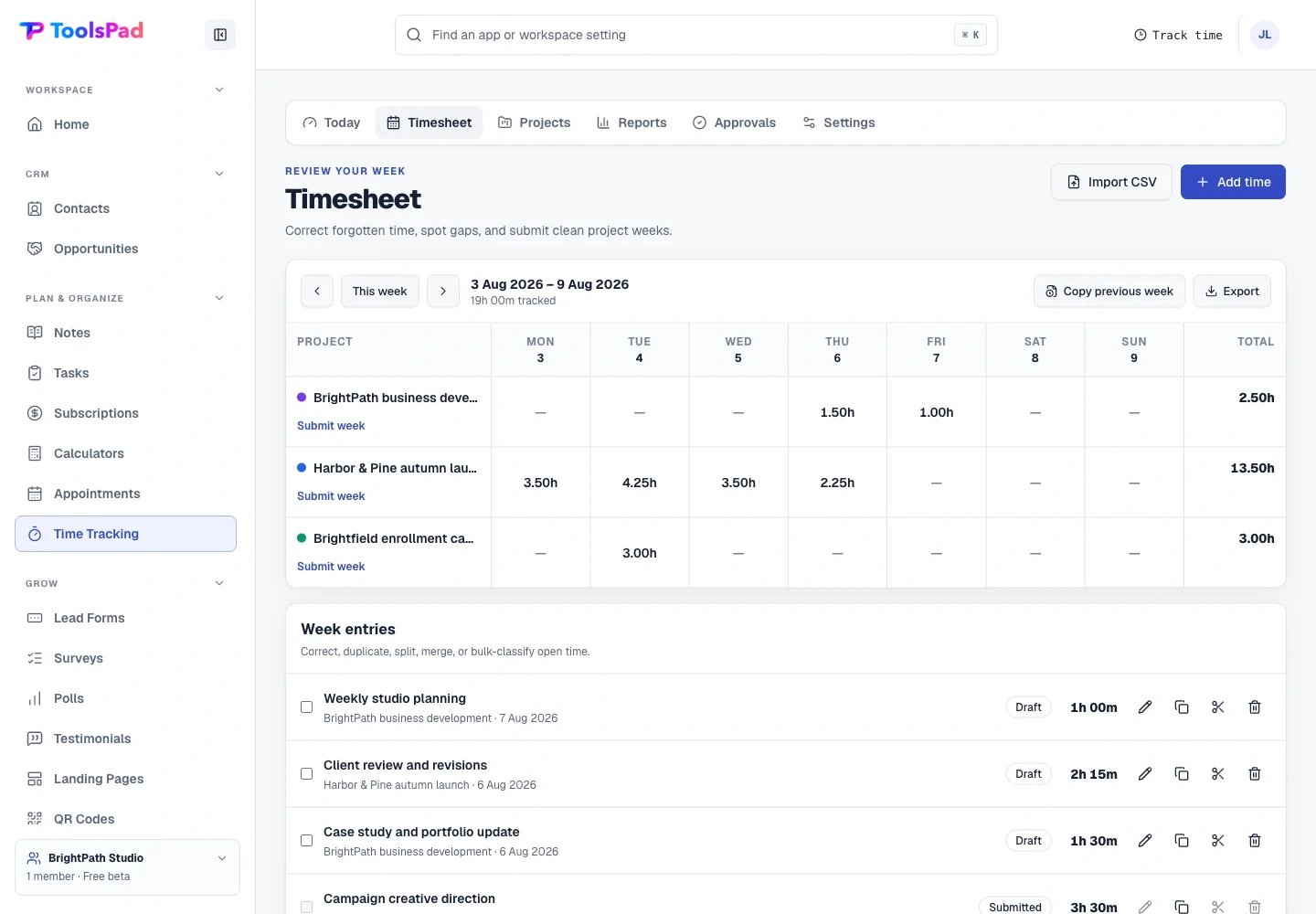 Time Tracking product interface showing review the week without timesheet friction