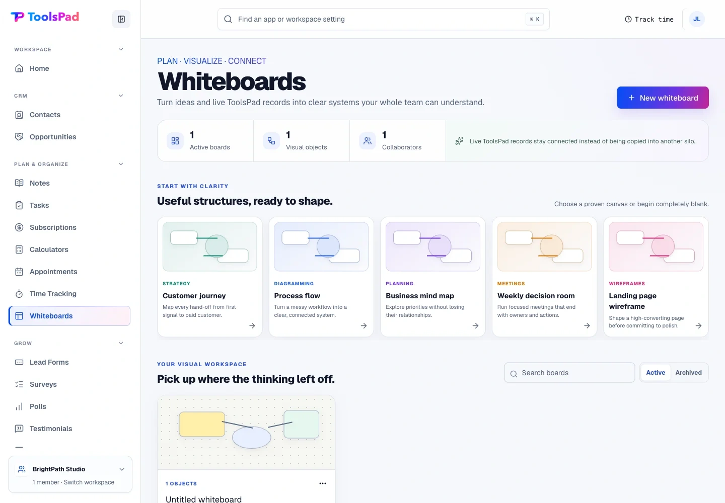 Whiteboards product interface showing every board and proven starting point in one visual workspace