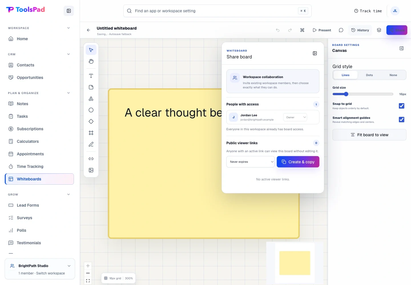 Whiteboards product interface showing share the board without giving away edit access